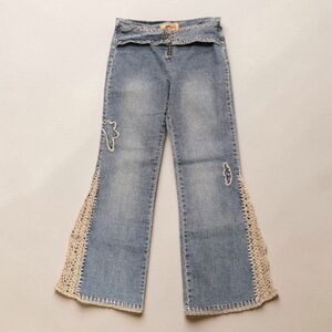 Vintage Y2K Coco Hippie Flare Denim Jeans Crochet Panel Accents